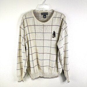 Vintage DAVID TAYLOR Golf Sweater Mens L Tan Embroidery Preppy Sporty USA Made